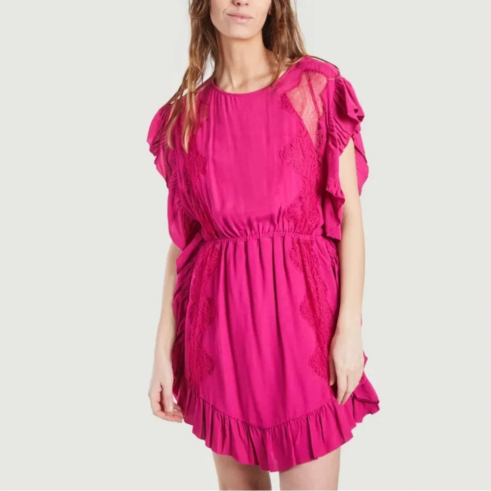 IRO Zestful Short Sleeve Ruffle Mini Dress Fushia S - Picture 4 of 13
